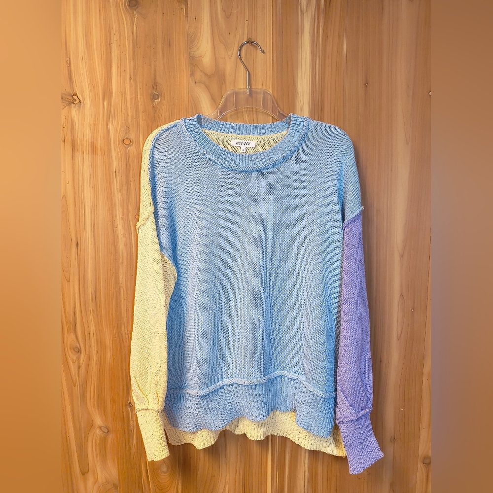 GeeGee Pastel Colorblock Crewneck Sweater - Blue, Yellow & Lavender, Size Small